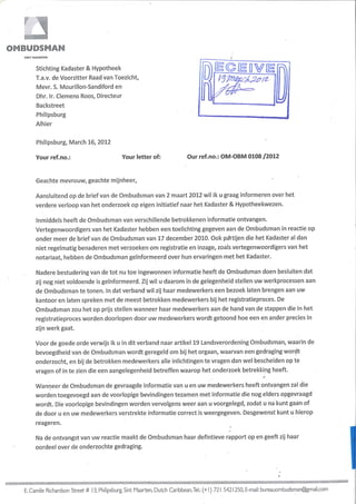Ombudsman Recieves Letter On Kadaster & Public Registries
