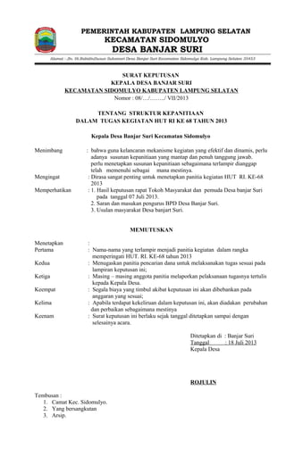 Contoh Sk hut RI ke 68 Dsa Banjar Suri Kecamatan Sidomulyo