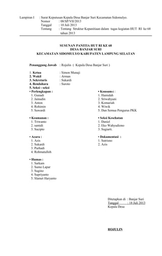 Contoh Sk hut RI ke 68 Dsa Banjar Suri Kecamatan Sidomulyo