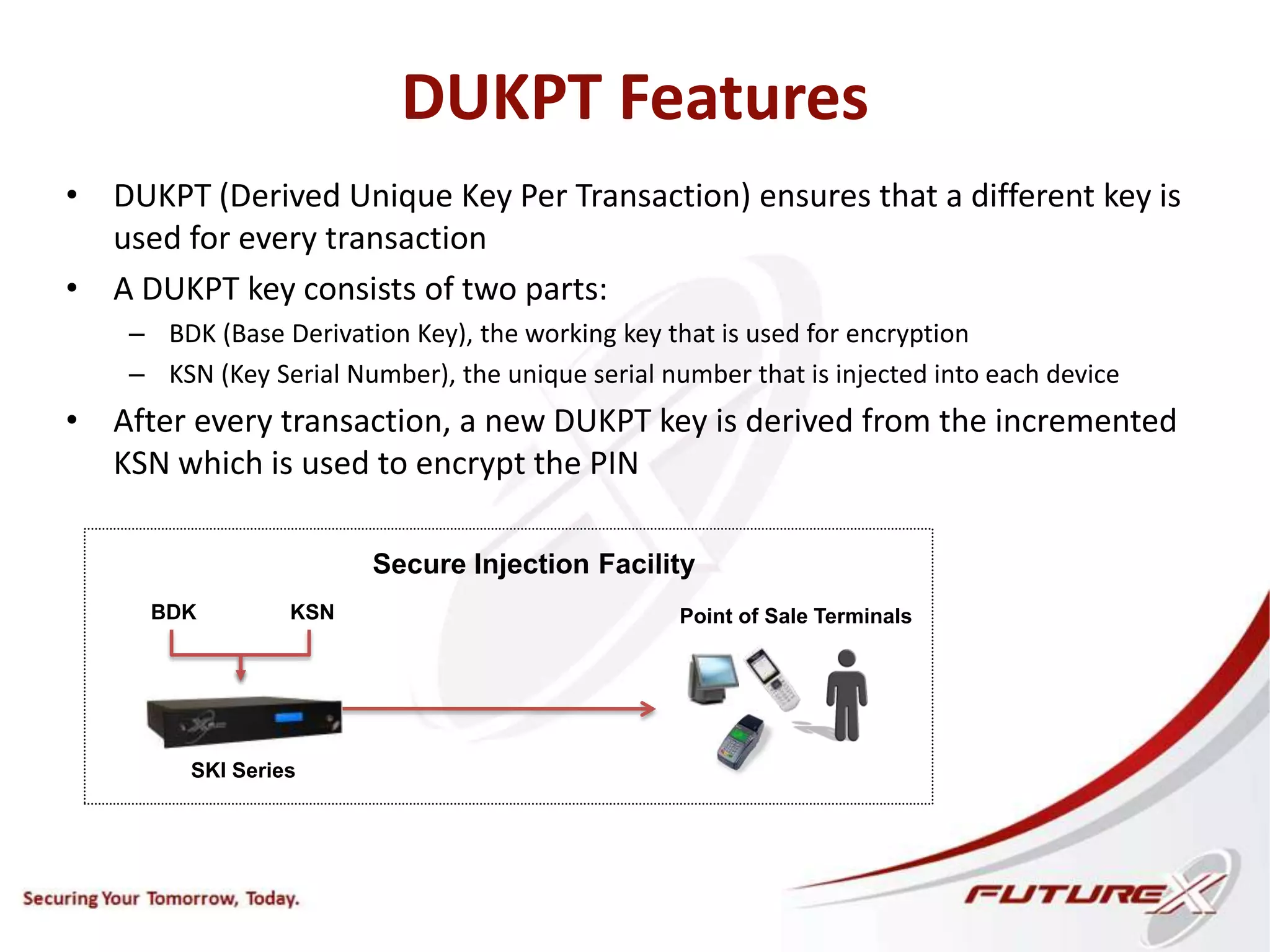 DUKPT Features
• DUKPT (Derived Unique Key Per Transaction) ensures that a different key is
used for every transaction
• A DUKPT key consists of two parts:
– BDK (Base Derivation Key), the working key that is used for encryption
– KSN (Key Serial Number), the unique serial number that is injected into each device
• After every transaction, a new DUKPT key is derived from the incremented
KSN which is used to encrypt the PIN
SKI Series
Point of Sale Terminals
Secure Injection Facility
BDK KSN
 