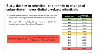 But… the key to retention long-term is to engage all
subscribers in your digital products effectively
Slide 51
Percentile
Subscriber
Engagement Rate
95% 90.1%
90% 87.3%
80% 82.9%
70% 78.7%
60% 74.4%
50% 71.0%
40% 64.8%
30% 56.2%
20% 48.3%
10% 36.1%
5% 27.8%
𝑆𝑢𝑏𝑠𝑐𝑟𝑖𝑏𝑒𝑟 𝐸𝑛𝑔𝑎𝑔𝑒𝑚𝑒𝑛𝑡 =
# 𝑆𝑢𝑏𝑠𝑐𝑟𝑖𝑏𝑒𝑟𝑠 𝐿𝑜𝑔𝑔𝑒𝑑 𝐼𝑛 𝑖𝑛 𝑀𝑜𝑛𝑡ℎ 𝑋
# 𝑆𝑢𝑏𝑠𝑐𝑟𝑖𝑏𝑒𝑟𝑠 𝐴𝑐𝑡𝑖𝑣𝑒 𝑖𝑛 𝑀𝑜𝑛𝑡ℎ 𝑋
• Subscriber engagement measures the percentage of active
subscribers that log-in to their accounts in a given month
• The leading 10 percent of publishers have almost 2.5X the
engagement rate as the bottom 10 percent
 