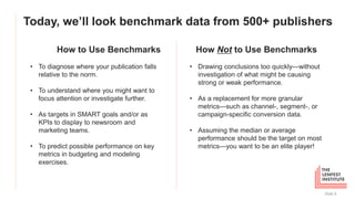 Today, we’ll look benchmark data from 500+ publishers
Slide 6
How to Use Benchmarks How Not to Use Benchmarks
• To diagnos...
