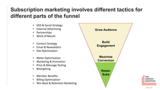 Subscription marketing involves different tactics for
different parts of the funnel
Slide 60
Grow Audience
Build
Engagemen...