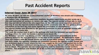 Past Accident Reports
Internal Case: June 28 2017
• On June 28 2017, at 7:23 am a subcontracted worker of Hawkins was struck and crushed by
a Hawkins SVL 90 Skidsteer.
• Just before 7am, a Hawkins supervisor (multiple Hawkins supervisors on site) wrote up a
JHA and instructed all workers to review and sign. The injured worker arrived late to work
that day and did not inform the site supervisor, so the JHA was never signed or reviewed
that day. It was the injured workers forth day on this particular site. He was given a verbal
orientation on his first day, but never signed the orientation on eCompliance.
• The injured worker was directed by the general contractor to pick up garbage around site
and bring it to a waste pile.
• The route the worker took to get to the garbage pile took him between two pool house
buildings where he came out beside a parked zoom boom lift.
• Our Skidsteer operator was driving parallel with the zoom boom perpendicular to the
pathway between the two pool houses at the time of the incident. He believed he made
clear eye contact with the inured worker as well as two other workers. Once eye contact
had been made, the operator resumed his movement forward, the injured worker moved into
the skidsteers path of travel where his foot was caught by the track and pushed him to the
ground. The Skidsteer continued moving forward, driving over the left half of body from his
feet to chest. The operator did not notice anything until he heard the injured workers
screams. The skidsteer was backed off of the worker and emergency response was put into
place.
 
