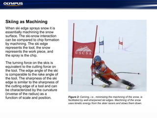 Skiing as Machining
When ski edge sprays snow it is
essentially machining the snow
surface. The ski-snow interaction
can be compared to chip formation
by machining. The ski edge
represents the tool, the snow
represents the work piece, and
the spray is the chip.
The turning force on the skis is
equivalent to the cutting force on
the tool. The edge angle of the ski
is comparable to the rake angle of
the tool. The sharpness of the ski
edge is similar to the sharpness of
the cutting edge of a tool and can
be characterized by the curvature
(inverse of the radius) as a
function of scale and position. Figure 2: Carving, i.e., minimizing the machining of the snow, is
facilitated by well-sharpened ski edges. Machining of the snow
uses kinetic energy from the skier racers and slows them down.
 