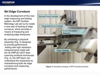 Figure 3: Assembly prototype at WPI manufacturing labs.
Ski Edge Curvature
In the development of this new
edge measuring and testing
system, the WPI Surface
Metrology Lab set out to create
a new way of looking at edge
curvature, which provides a
means of measuring and
analyzing edge sharpness.
By combining a physical
assembly (Fig. 3) designed
to provide performance
testing with high resolution
measurements made with
the OLYMPUS LEXT laser
scanning confocal microscope
(Fig. 4), the WPI team can
understand the sharpness by
characterizing both ski edge
curvature and measuring
performance.
Normal Force Cylinder
Tangential Force Cylinder
Edge Sample
Snow Simulation
Material
 