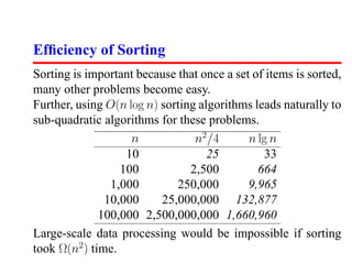 Efﬁciency of Sorting
Sorting is important because that once a set of items is sorted,
many other problems become easy.
Further, using O(n log n) sorting algorithms leads naturally to
sub-quadratic algorithms for these problems.
                    n            n2 /4      n lg n
                   10               25         33
                  100           2,500         664
                1,000        250,000        9,965
               10,000     25,000,000 132,877
              100,000 2,500,000,000 1,660,960
Large-scale data processing would be impossible if sorting
took Ω(n2 ) time.
 