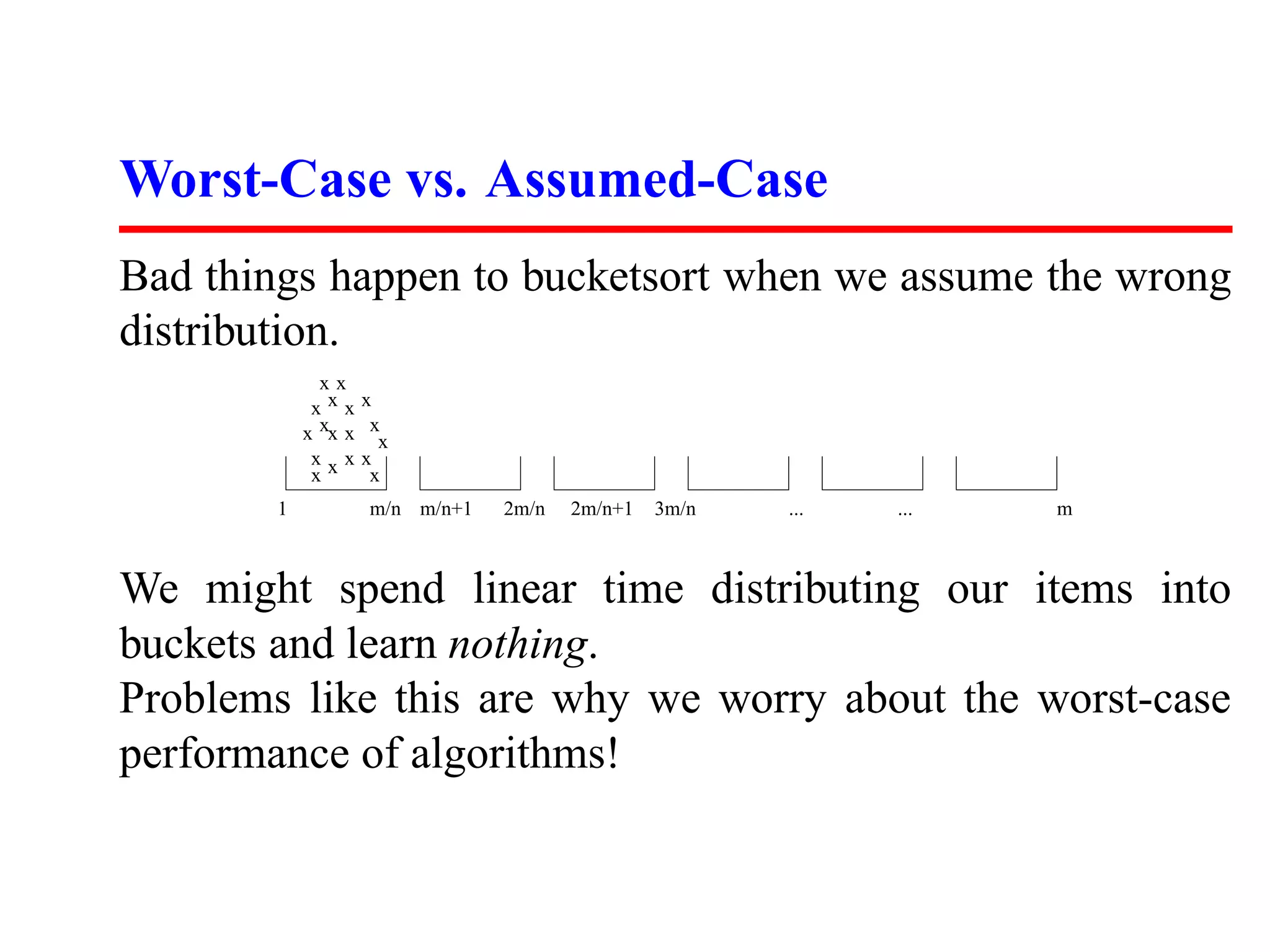 Worst-Case vs. Assumed-Case Bad things happen to bucketsort when we assume the wrong distribution. xx xxx x x xx x x x x x x xx x 1 m/n m/n+1 2m/n 2m/n+1 3m/n ... ... m We might spend linear time distributing our items into buckets and learn nothing. Problems like this are why we worry about the worst-case performance of algorithms! 
