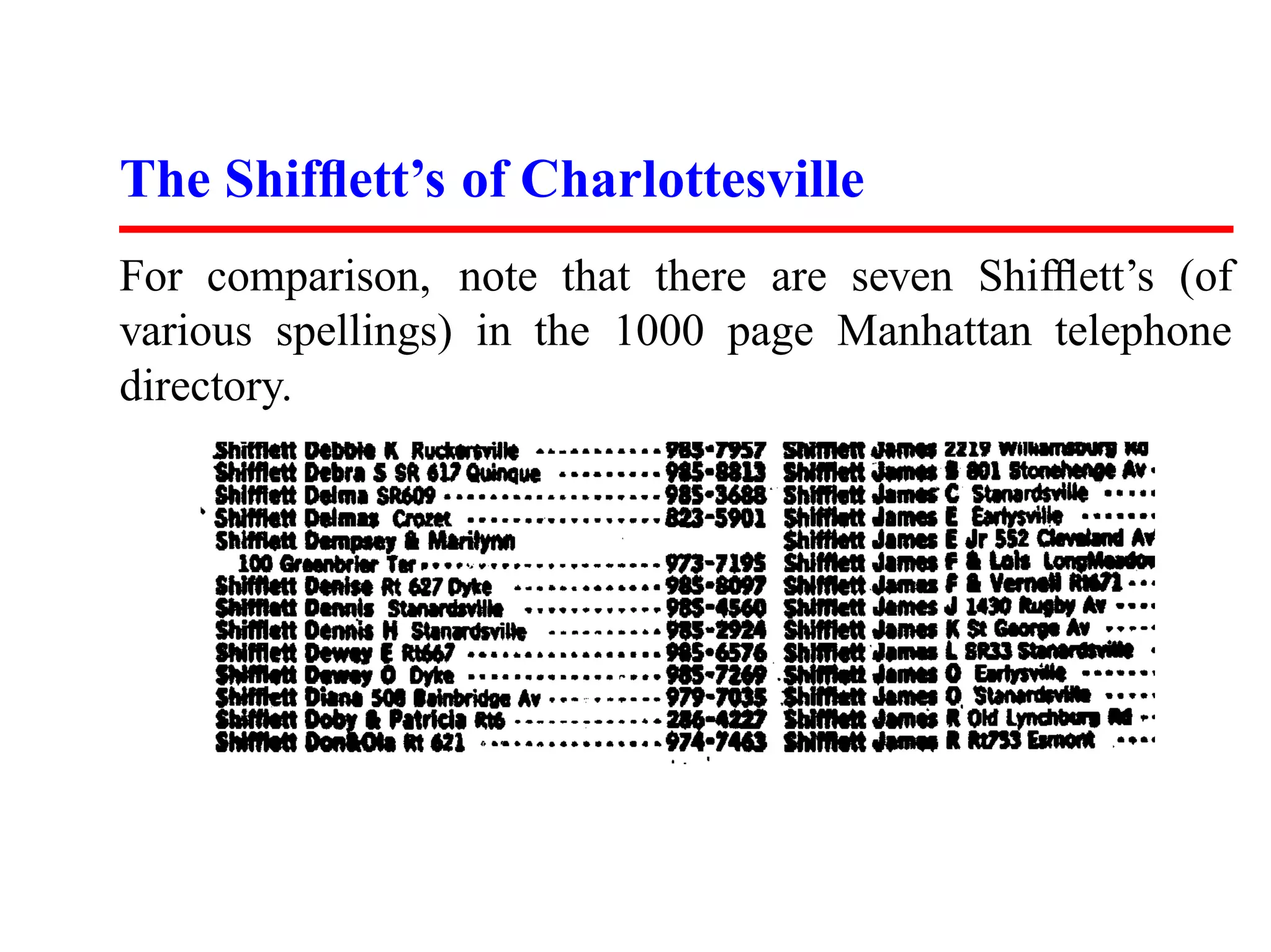 The Shifﬂett’s of Charlottesville For comparison, note that there are seven Shifﬂett’s (of various spellings) in the 1000 page Manhattan telephone directory. 