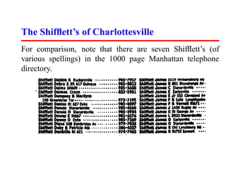 The Shifﬂett’s of Charlottesville
For comparison, note that there are seven Shifﬂett’s (of
various spellings) in the 1000 page Manhattan telephone
directory.
 