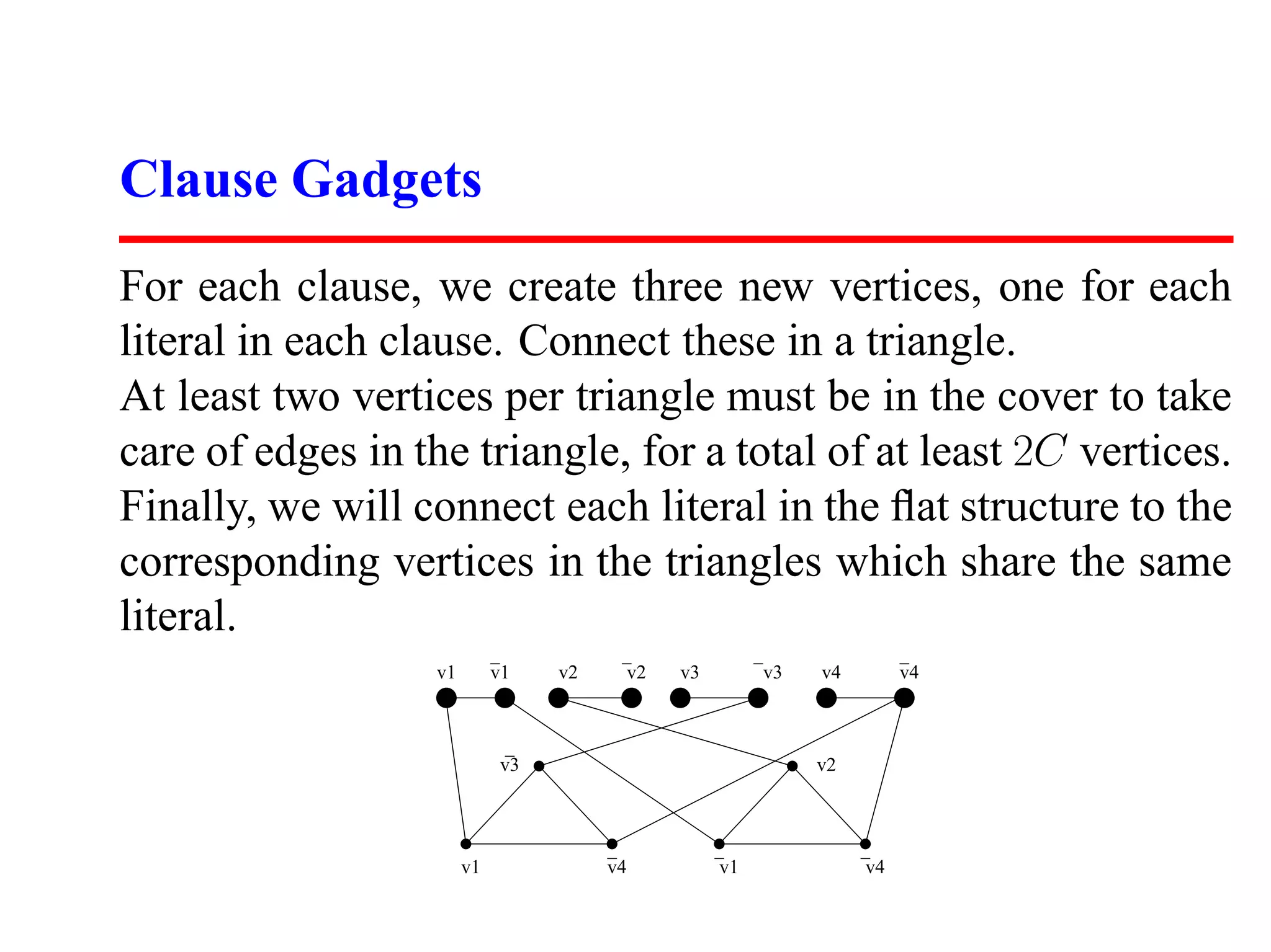 Clause Gadgets
For each clause, we create three new vertices, one for each
literal in each clause. Connect these in a triangle.
At least two vertices per triangle must be in the cover to take
care of edges in the triangle, for a total of at least 2C vertices.
Finally, we will connect each literal in the ﬂat structure to the
corresponding vertices in the triangles which share the same
literal.
                   v1        v1   v2        v2   v3        v3   v4        v4



                             v3                                 v2




                        v1             v4             v1             v4
 