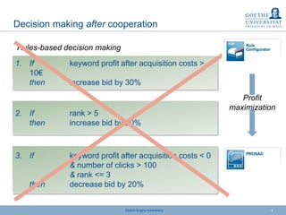 Search Engine Advertising 4
Decision making after cooperation
1. If keyword profit after acquisition costs >
10€
then increase bid by 30%
Rules-based decision making
2. If rank > 5
then increase bid by 20%
3. If keyword profit after acquisition costs < 0
& number of clicks > 100
& rank <= 3
then decrease bid by 20%
Profit
maximization
 