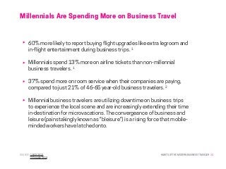 HABITS OF THE MODERN BUSINESS TRAVELER 24
Millennials Are Spending More on Business Travel
SOURCE: 1. BCG 2013
	 2. Expedia 2013
60% more likely to report buying flight upgrades like extra legroom and
in-flight entertainment during business trips. 1
Millennials spend 13% more on airline tickets than non-millennial
business travelers. 1
37% spend more on room service when their companies are paying,
compared to just 21% of 46-65 year-old business travelers. 2
Millennial business travelers are utilizing downtime on business trips
to experience the local scene and are increasingly extending their time
in-destination for microvacations. The convergeance of business and
leisure (painstakingly known as "bleisure") is a rising force that mobile-
minded workers have latched onto.
 