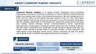 © Coherent market Insights. All Rights Reserved
Coherent Market Insights is a global market intelligence and consulting
organization focused on assisting its plethora of clients achieve transformational
growth by helping them make critical business decisions. We are headquartered in
India, with an office at the global financial capital in the U.S. Our client base
includes players from across all business verticals in over 150 countries worldwide.
We are uniquely positioned to help businesses around the globe deliver practical
and lasting results through various recommendations about operational
improvements, technologies, emerging market trends and new working methods.
We offer both customized and syndicated market research reports that help our
clients create visionary growth plans to provide traction to their business. We
meticulously study emerging trends across various industries at both the global
and regional levels to identify new opportunities for our clientele.
ABOUT US
ABOUT COHERENT MARKET INSIGHTS
SERVICES
INDUSTRY ANALYSIS
CUSTOMIZED
RESEARCH
SYNDICATED RESEARCH
CONSULT STUDIES
MARKET INTELLIGENCE
SERVICES
COUNTRY SPECIFIC
STUDIES
 