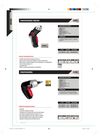 BATERIA



                        PARAFUSADEIRA TWISTER                                                                                                           2000

                                                                                                      CARACTERÍSTICAS TÉCNICAS

                                                                                                      Voltagem: 3,6 V
                                                                                                      Bateria: NiCd
                                                                                                      Rotação: 200 min-1
                                                                                                      Torque máximo: 3 Nm
                                                                                                      Tempo de carga: 3 a 5 horas
                                                                                                      Peso: 0,3 kg

                                                                                                      ACOMPANHAM

                                                                                                      1 carregador de bateria, 2 pontas e 1 adaptador
                                                                                                      magnético.




                                                                                                           Nº TIPO             VOLTAGEM           CÓD. BARRAS

                                                                                                    F012 2000 AB - Bivolt - 7891009726748


                     LEVEZA E FACILIDADE NO USO.

                      Excelente desempenho para tarefas do dia a dia.
                                                                                                    SOFT GRIP     REVERSÍVEL     ANTIDESLIZANTE       1/4        3 A 5 HORAS
                      Pequena, leve e compacta para trabalhos em áreas de difícil acesso.
                      Maior conforto e ergonomia através de uma empunhadura com antideslizante.
                      Tipo de encaixe hexagonal 1,4”.                                             PARAFUSAMENTO

                      Carregador bivolt.
                      Botão de reversão permite parafusar e desparafusar.



                        PARAFUSADEIRA                                                                                                                   2336

                                                                                                      CARACTERÍSTICAS TÉCNICAS

                                                                                                      Voltagem: 3,6 V
                                                                                                      Bateria: Li-Ion
                                                                                                      Rotação: 200 min-1
                                                                                                      Torque máximo: 2,75 Nm
                                                                                                      Parafusos: 5 mm
                                                                                                      Tempo de carga: 3 horas
                                                                                                      Peso: 0,3 kg

                                                                                                      ACOMPANHAM

                                                                                                      1 lata promocional, 10 bits, 2 bits ponta dupla,
                                                                                                      1 ponta para perfurar e 1 adaptador magnético.




                                                                                                           Nº TIPO             VOLTAGEM           CÓD. BARRAS

                                                                                                    F012 2336 AC - 127 V - 7891009708119
                     COMPACTO COM MAIS POTÊNCIA.                                                    F012 2336 JA - 220 V - 7891009708133
                      Reversível.
                      A mais leve e prática do mercado.
                      Tecnologia de íons de lítio permite maior vida útil da bateria.
                      Sem perda da capacidade quando não estiver em uso.
                      Novo design ergonômico para maior conforto ao operador.                       SOFT GRIP        1/4         ÍONS DE LÍTIO    3 A 5 HORAS   PARAFUSAMENTO

                      Interruptor eletrônico permite rotação direita e esquerda.
                      Indicação da rotação através de display luminoso.


              10        Catálogo Técnico




BD_0124_11_CatTec_2 bateria.indd 10                                                                                                                                             9/19/12 3:17 PM
 