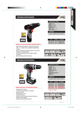 BATERIA
                        FURADEIRA/PARAFUSADEIRA                                                                                                                      2412

                                                                                                                  CARACTERÍSTICAS TÉCNICAS

                                                                                                                 Voltagem: 10,8 V
                                                                                                                 Bateria: 1,3 Ah Li-Ion
                                                                                                                 Mandril: 3 8 ” (10 mm)
                                                                                                                 Rotação: 0-650 min-1
                                                                                                                 Torque máximo: 11 Nm
                                                                                                                 Peso: 1,04 kg
                                                                                                                 Tempo de carga: 1 hora.

                                                                                                                  ACOMPANHAM

                                                                                                                  1 bateria, 1 carregador de bateria e 1 bit duplo.




                                                                                                                      Nº TIPO             VOLTAGEM             CÓD. BARRAS

                                                                                                                F012 2412 AB - 127 V - 7891009767741
                                                                                                                F012 2412 JA - 220 V - 7891009767758
                     COMPACTA E POTENTE PARA ENFRENTAR QUALQUER TRABALHO.

                      Prático mandril de aperto rápido ( 3 8”) facilita a troca de acessórios.
                      Possui 15 + 1 posições de torque, possibilitando resultados rápidos
                      e precisos.
                                                                                                 SOFT GRIP     REVERSÍVEL     DUPLA ISOLAÇÃO   ÍONS DE LÍTIO   1,5 - 10 mm   MADEIRA
                      Sistema de LED indica o nível de carga da bateria e se está no modo
                      parafusamento ou desparafusamento.
                      Soft grip e punho ergonômico tornam o trabalho mais seguro                 SINTÉTICOS     CONCRETO      PARAFUSAMENTO        AÇO          VARIÁVEL     1 HORA

                      e confortável.
                      Maior vida útil devido à bateria de íons de lítio.



                        FURADEIRA/PARAFUSADEIRA                                                                                                                      2144

                                                                                                                  CARACTERÍSTICAS TÉCNICAS

                                                                                                                  Voltagem: 14,4 V
                                                                                                                  Bateria: 1,3 Ah Li-Ion
                                                                                                                  Mandril: 3 8 ” (10 mm)
                                                                                                                  Rotação: 0-800 min-1
                                                                                                                  Torque máximo: 32 Nm
                                                                                                                  Peso: 1,1 kg
                                                                                                                  Capacidade de perfuração
                                                                                                                  Madeira: 25 mm
                                                                                                                  Aço: 10 mm

                                                                                                                  ACOMPANHAM

                                                                                                                  1 carregador de bateria, 1 bateria e 1 bit duplo.


                                                                                                                      Nº TIPO             VOLTAGEM             CÓD. BARRAS

                                                                                                                F012 2144 AB - 127 V - 7891009763729
                                                                                                                F012 2144 JA - 220 V - 7891009763736
                                                                                                                F012 2144 AF* - 127 V - 7891009763767
                     COMPACTA, MAIS LEVE E COM DESEMPENHO SUPERIOR.
                                                                                                                F012 2144 JE* - 220 V - 7891009763774
                      Velocidade variável e reversível.
                                                                                                                *Versões com 2 baterias.
                      15 níveis de torque para parafusar e 1 para perfurar.
                      Bateria de íons de lítio.
                                                                                                 SOFT GRIP     REVERSÍVEL     DUPLA ISOLAÇÃO   ÍONS DE LÍTIO   1,5 - 10 mm   MADEIRA
                      Carregador rápido de 1 hora.
                      LED indicador de direção.
                      Soft grip para diminuir a vibração e proporcionar melhor pega.             SINTÉTICOS   PARAFUSAMENTO        AÇO          VARIÁVEL         1 HORA

                      Iluminação no local de trabalho.
                      Indicador do nível da bateria através de LEDs.


                                                                                                                                                                 Catálogo Técnico      13




BD_0124_11_CatTec_2 bateria.indd 13                                                                                                                                                         9/19/12 3:18 PM
 