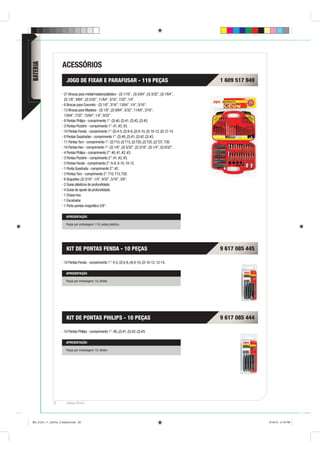 ACESSÓRIOS
BATERIA




                        JOGO DE FIXAR E PARAFUSAR - 119 PEÇAS                                                1 609 517 949

                      21 Brocas para metal/madeira/plástico - (3) 1/16”, (3) 5/64”, (3) 3/32”, (3) 7/64”,
                      (2) 1/8”, 9/64”, (2) 5/32”, 11/64”, 3/16”, 7/32”, 1/4”.
                      6 Brocas para Concreto - (2) 1/8”, 3/16”, 13/64”, 1/4”, 5/16”.
                      13 Brocas para Madeira - (3) 1/8”, (2) 9/64”, 5/32”, 11/64”, 3/16”,
                      13/64”, 7/32”, 15/64”, 1/4”, 9/32”.
                      8 Pontas Philips - comprimento 1”: (2) #0, (2) #1, (2) #2, (2) #3.
                      3 Pontas Pozidriv - comprimento 1”: #1, #2, #3.
                      10 Pontas Fenda - comprimento 1”: (2) 4-5, (2) 6-8, (2) 8-10, (2) 10-12, (2) 12-14.
                      8 Pontas Quadradas - comprimento 1”: (2) #0, (2) #1, (2) #2, (2) #3.
                      11 Pontas Torx - comprimento 1”: (2) T10, (2) T15, (2) T20, (2) T25, (2) T27, T30.
                      10 Pontas Hex - comprimento 1”: (2) 1/8”, (2) 5/32”, (2) 3/16”, (2) 1/4”, (2) 9/32”.
                      4 Pontas Philips - comprimento 2”: #0, #1, #2, #3.
                      3 Pontas Pozidriv - comprimento 2”: #1, #2, #3.
                      3 Pontas Fenda - comprimento 2”: 6-8, 8-10, 10-12.
                      1 Ponta Quadrada - comprimento 2”: #2.
                      3 Pontas Torx - comprimento 2”: T10, T15, T20.
                      6 Soquetes: (2) 3/16”, 1/4”, 9/32”, 5/16”, 3/8”.
                      2 Guias plásticos de profundidade.
                      4 Guias de ajuste de profundidade.
                      1 Chave hex.
                      1 Escariador.
                      1 Porta-pontas magnético 2/8”.

                        APRESENTAÇÃO

                        Peças por embalagem: 119, estojo plástico.




                        KIT DE PONTAS FENDA - 10 PEÇAS                                                       9 617 085 445

                      10 Pontas Fenda - comprimento 1”: 4-5, (2) 6-8, (4) 8-10, (2) 10-12, 12-14.

                        APRESENTAÇÃO

                        Peças por embalagem: 10, blister.




                        KIT DE PONTAS PHILIPS - 10 PEÇAS                                                     9 617 085 444

                      10 Pontas Philips - comprimento 1”: #0, (2) #1, (5) #2, (2) #3.

                        APRESENTAÇÃO

                        Peças por embalagem: 10, blister.




              20        Catálogo Técnico




BD_0124_11_CatTec_2 bateria.indd 20                                                                                          9/19/12 3:19 PM
 