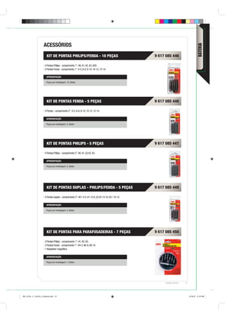 ACESSÓRIOS




                                                                                                                                              BATERIA
                        KIT DE PONTAS PHILIPS/FENDA - 10 PEÇAS                                           9 617 085 446

                      5 Pontas Philips - comprimento 1”: #0, #1, #2, #3, #2D.
                      5 Pontas Fenda - comprimento 1”: 4-5, 6-8, 8-10, 10-12, 12-14.

                        APRESENTAÇÃO

                        Peças por embalagem: 10, blister.




                        KIT DE PONTAS FENDA - 5 PEÇAS                                                    9 617 085 448

                      5 Pontas - comprimento 2”: 4-5, 6-8, 8-10, 10-12, 12-14.

                        APRESENTAÇÃO

                        Peças por embalagem: 5, blister.




                        KIT DE PONTAS PHILIPS - 5 PEÇAS                                                  9 617 085 447

                      5 Pontas Philips - comprimento 2”: #0, #1, (2) #2, #3.

                        APRESENTAÇÃO

                        Peças por embalagem: 5, blister.




                        KIT DE PONTAS DUPLAS - PHILIPS/FENDA - 5 PEÇAS                                   9 617 085 449

                      5 Pontas duplas - comprimento 2”: #0 / 4-5, #1 / 6-8, (2) #2 / 8-10, #3 / 10-12.

                        APRESENTAÇÃO

                        Peças por embalagem: 5, blister.




                        KIT DE PONTAS PARA PARAFUSADEIRAS - 7 PEÇAS                                      9 617 085 450

                      3 Pontas Philips - comprimento 1”: #1, #2, #3.
                      3 Pontas Fenda - comprimento 1”: #4-5, #6-8, #8-10.
                      1 Adaptador magnético.

                        APRESENTAÇÃO

                        Peças por embalagem: 7, blister.




                                                                                                              Catálogo Técnico   21




BD_0124_11_CatTec_2 bateria.indd 21                                                                                                   9/19/12 3:19 PM
 