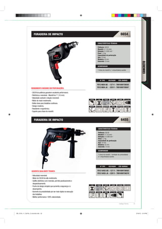 FURADEIRA DE IMPACTO                                                                                                           6654

                                                                                                    CARACTERÍSTICAS TÉCNICAS

                                                                                                    Potência: 500 W
                                                                                                    Mandril: 3 8” (10 mm)
                                                                                                    Rotação: 0-3.000 min-1
                                                                                                    Peso: 1,3 kg
                                                                                                    Capacidade de perfuração
                                                                                                    Aço: 10 mm
                                                                                                    Madeira: 20 mm
                                                                                                    Concreto: 10 mm




                                                                                                                                                                                               CONCRETO
                                                                                                    ACOMPANHAM

                                                                                                    1 chave de mandril e 1 empunhadura auxiliar.




                                                                                                            Nº TIPO            VOLTAGEM          CÓD. BARRAS

                                                                                                   F012 6654 AB - 127 V - 7891009738550
                    RENDIMENTO MÁXIMO EM PERFURAÇÕES.                                              F012 6654 JA - 220 V - 7891009738567

                      500 W de potência garantem excelente performance.
                      Eletrônica e reversível - Mandril de 3 8” (10 mm).
                      Velocidade variável e rotação reversível.
                                                                                   VARIÁVEL           AÇO           CONCRETO       MADEIRA        ALUMÍNIO        1,5 - 10 mm
                      Motor de maior rendimento.
                      Botão-trava para trabalhos contínuos.
                      Design moderno.                                             SINTÉTICOS     DUPLA ISOLAÇÃO   PARAFUSAMENTO    IMPACTO      ANTIDESLIZANTE    REVERSÍVEL

                      Resistente e ergonômica.
                      Suporte para chave de mandril.



                        FURADEIRA DE IMPACTO                                                                                                            6455

                                                                                                     CARACTERÍSTICAS TÉCNICAS

                                                                                                     Potência: 550 W
                                                                                                     Mandril: ½” (13 mm)
                                                                                                     Rotação: 0-3.000 min-1
                                                                                                     Peso: 1,7 kg
                                                                                                     Capacidade de perfuração
                                                                                                     Aço: 10 mm
                                                                                                     Madeira: 25 mm
                                                                                                     Concreto: 13 mm

                                                                                                     ACOMPANHAM

                                                                                                     1 chave de mandril, 1 limitador de profundidade
                                                                                                     e 1 empunhadura auxiliar.




                                                                                                            Nº TIPO            VOLTAGEM           CÓD. BARRAS

                     AGUENTA QUALQUER TRANCO.                                                      F012 6455 AB - 127 V - 7891009736563
                                                                                                   F012 6455 JA - 220 V - 7891009736570
                      Velocidade reversível.
                      Motor de 550 W de alto rendimento.
                      Gatilho eletrônico com reversão, permite parafusamento e
                      desparafusamento.
                                                                                     AÇO           CONCRETO         MADEIRA        ALUMÍNIO       ALVENARIA      DUPLA ISOLAÇÃO
                      Punho de design arrojado que aumenta a segurança e o
                      desempenho.
                      Aumento da produtividade por ser mais rápida na execução   PARAFUSAMENTO    REVERSÍVEL         IMPACTO      1,5 - 13 mm     VARIÁVEL

                      dos trabalhos.
                      Melhor performance: 100% rolamentada.


                                                                                                                                                   Catálogo Técnico               25




BD_0124_11_CatTec_3 concreto.indd 25                                                                                                                                                   9/19/12 3:19 PM
 
