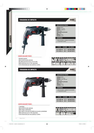 FURADEIRA DE IMPACTO                                                                                                              6460

                                                                                                             CARACTERÍSTICAS TÉCNICAS

                                                                                                             Potência: 600 W
                                                                                                             Mandril: ½” (13 mm)
                                                                                                             Rotação: 0-3.000 min-1
                                                                                                             Peso: 1,7 kg
                                                                                                             Capacidade de perfuração
                                                                                                             Aço: 10 mm
                                                                                                             Madeira: 25 mm
                                                                                                             Concreto: 13 mm
CONCRETO




                                                                                                             ACOMPANHAM

                                                                                                             1 chave de mandril, 1 limitador de profundidade
                                                                                                             e 1 empunhadura auxiliar.




                                                                                                                  Nº TIPO              VOLTAGEM      CÓD. BARRAS

                                                                                                            F012 6460 AB - 127 V - 7891009736662
                                                                                                            F012 6460 JA - 220 V - 7891009736679



                    AGUENTA QUALQUER TRANCO.
                                                                                             VARIÁVEL          AÇO         CONCRETO       MADEIRA     ALUMÍNIO      1,5 - 13 mm
                      Velocidade reversível.
                      Motor de 600 W de alto rendimento.
                      Alta potência para furos de até 15 mm em brita.                        SINTÉTICOS   DUPLA ISOLAÇÃO   SOFT GRIP      IMPACTO   PARAFUSAMENTO   REVERSÍVEL

                      Melhor performance por ser 100% rolamentada.
                      Punho emborrachado para maior aderência e conforto.



                        FURADEIRA DE IMPACTO                                                                                                               6462

                                                                                                              CARACTERÍSTICAS TÉCNICAS

                                                                                                              Potência: 600 W
                                                                                                              Mandril: ½” (13 mm)
                                                                                                              Rotação: 2.500-3.000 min-1
                                                                                                              Peso: 1,7 kg
                                                                                                              Capacidade de perfuração
                                                                                                              Aço: 10 mm
                                                                                                              Madeira: 25 mm
                                                                                                              Concreto: 13 mm

                                                                                                              ACOMPANHAM

                                                                                                              1 chave de mandril, 1 limitador de profundidade
                                                                                                              e 1 empunhadura auxiliar.




                                                                                                                     Nº TIPO           VOLTAGEM       CÓD. BARRAS

                                                                                                             F012 6462 AB - 127 V - 7891009736617
                                                                                                             F012 6462 JA - 220 V - 7891009736624

                     AGUENTA QUALQUER TRANCO.

                      2 velocidades.
                                                                                                               AÇO         CONCRETO       MADEIRA     ALUMÍNIO      ALVENARIA
                      Motor de 600 W de alto rendimento.
                      Melhor relação custo/benefício.
                      Maior rapidez na execução dos trabalhos que aumenta a produtividade.                DUPLA ISOLAÇÃO   SOFT GRIP      IMPACTO   2 VELOCIDADES   1,5 - 13 mm

                      Melhor performance por ser 100% rolamentada.
                      Punho emborrachado para maior aderência e conforto.


              26       Catálogo Técnico




BD_0124_11_CatTec_3 concreto.indd 26                                                                                                                                              9/19/12 3:19 PM
 