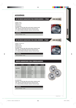 ACESSÓRIOS
                        KIT DE DISCOS DIAMANTADOS PARA ESMERILHADEIRAS - 3 PEÇAS                                   2608 602 504

                      ø externo: 110 mm
                      Espessura: 7,5 mm
                      ø interno: 20 mm
                      Uso universal, para:
                      Segmentado - Concretos, tijolos, telhas, pedras naturais e materiais em geral.
                      Turbo - Cerâmicas, granitos, tijolos, ﬁbra de vidro e mármores em geral.




                                                                                                                                                        CONCRETO
                      Liso - Azulejos, porcelanas, porcelanatos, cerâmicas e mármores em geral.

                        APRESENTAÇÃO

                        Peças por embalagem: 3, blister.




                        KIT DE DISCOS DIAMANTADOS PARA SERRA MÁRMORE - 3 PEÇAS                                     2608 602 505

                      ø externo: 115 mm (4 1/2”)
                      Espessura: 7 mm
                      ø interno: 22,23 mm
                      Uso universal, para:
                      Segmentado - Concretos, tijolos, telhas, pedras naturais e materiais em geral.
                      Turbo - Cerâmicas, granitos, tijolos, ﬁbra de vidro e mármores em geral.
                      Liso - Azulejos, porcelanas, porcelanatos, cerâmicas e mármores em geral.

                        APRESENTAÇÃO

                        Peças por embalagem: 3, blister.




                        DISCOS DIAMANTADOS PARA ESMERILHADEIRAS

                       TIPO               Nº TIPO           Ø EXTERNO             SEGMENTO             Ø INTERNO

                                          2608 602 398      115 mm (4 1/2”)       7 mm                 22,23 mm
                       Segmentado         2608 602 399      180 mm (7”)           7 mm                 22,23 mm
                                          2608 602 400      230 mm (9”)           7 mm                 22,23 mm
                                          2608 602 401      115 mm (4 1/2”)       7 mm                 22,23 mm
                       Turbo              2608 602 402      180 mm (7”)           7 mm                 22,23 mm
                                          2608 602 403      230 mm (9”)           7 mm                 22,23 mm
                                          2608 602 404      115 mm (4 1/2”)       7 mm                 22,23 mm
                       Liso               2608 602 405      180 mm (7”)           7 mm                 22,23 mm
                                          2608 602 406      230 mm (9”)           7 mm                 22,23 mm


                      Uso universal, para:
                      Segmentado - Concretos, tijolos, telhas, pedras naturais e materiais em geral.
                      Turbo - Cerâmicas, granitos, tijolos, ﬁbra de vidro e mármores em geral.
                      Liso - Azulejos, porcelanas, porcelanatos, cerâmicas e mármores em geral.

                        APRESENTAÇÃO

                        Peças por embalagem: 1, blister.




                                                                                                                        Catálogo Técnico   33




BD_0124_11_CatTec_3 concreto.indd 33                                                                                                            9/19/12 3:20 PM
 