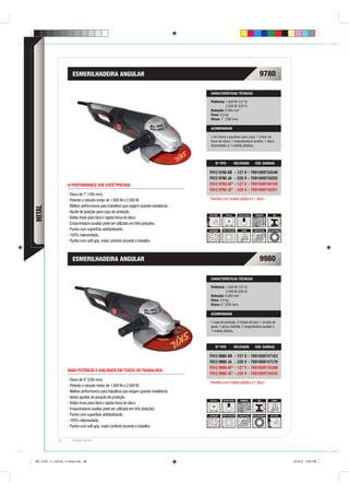 ESMERILHADEIRA ANGULAR                                                                                              9780

                                                                                          CARACTERÍSTICAS TÉCNICAS

                                                                                          Potência: 1.800 W (127 V)
                                                                                                     2.000 W (220 V)
                                                                                          Rotação: 8.200 min-1
                                                                                          Peso: 5,9 kg
                                                                                          Disco: 7” (180 mm)

                                                                                          ACOMPANHAM

                                                                                          1 kit chave e parafuso para capa, 1 chave de
                                                                                          troca de disco, 1 empunhadura auxiliar, 1 disco
                                                                                          diamantado e 1 maleta plástica.



                                                                                               Nº TIPO           VOLTAGEM             CÓD. BARRAS

                                                                                         F012 9780 AB - 127 V - 7891009734248
                                                                                         F012 9780 JA - 220 V - 7891009734255
                    A PERFORMANCE QUE VOCÊ PRECISA.                                      F012 9780 AF* - 127 V - 7891009740195
                                                                                         F012 9780 JE* - 220 V - 7891009740201
                      Disco de 7’’ (180 mm).
                      Potente e robusto motor de 1.800 W e 2.000 W.                      *Versões com maleta plástica e 1 disco.
                      Melhor performance para trabalhos que exigem grande resistência.
METAL




                      Ajuste de posição para capa de proteção.
                                                                                         SOFT GRIP      180 mm        BOTÃO TRAVA     CONCRETO            AÇO
                      Botão-trava para fácil e rápida troca do disco.
                      Empunhadura auxiliar pode ser utilizada em três posições.
                      Punho com superfície antideslizante.                               ALVENARIA   DUPLA ISOLAÇÃO     PUNHO        CONFORTÁVEL     100% ROLAMENTO

                      100% rolamentada.
                      Punho com soft grip, maior conforto durante o trabalho.



                       ESMERILHADEIRA ANGULAR                                                                                              9980

                                                                                          CARACTERÍSTICAS TÉCNICAS

                                                                                          Potência: 1.800 W (127 V)
                                                                                                     2.000 W (220 V)
                                                                                          Rotação: 6.000 min-1
                                                                                          Peso: 5,9 kg
                                                                                          Disco: 9” (230 mm)

                                                                                          ACOMPANHAM

                                                                                          1 capa de proteção, 2 chaves de pino, 1 arruela de
                                                                                          apoio, 1 porca redonda, 1 empunhadura auxiliar e
                                                                                          1 maleta plástica.



                                                                                               Nº TIPO           VOLTAGEM             CÓD. BARRAS

                                                                                         F012 9980 AB - 127 V - 7891009747163
                                                                                         F012 9980 JA - 220 V - 7891009747170
                                                                                         F012 9980 AF* - 127 V - 7891009734286
                    MAIS POTÊNCIA E AGILIDADE EM TODOS OS TRABALHOS.
                                                                                         F012 9980 JE* - 220 V - 7891009734293
                      Disco de 9” (230 mm).
                                                                                         *Versões com maleta plástica e 1 disco.
                      Potente e robusto motor de 1.800 W e 2.000 W.
                      Melhor performance para trabalhos que exigem grande resistência.
                      Vários ajustes de posição de proteção.
                                                                                          230 mm      BOTÃO TRAVA      CONCRETO          AÇO             PUNHO
                      Botão-trava para fácil e rápida troca do disco.
                      Empunhadura auxiliar pode ser utilizada em três posições.
                      Punho com superfície antideslizante.                               ALVENARIA   DUPLA ISOLAÇÃO   CONFORTÁVEL   100% ROLAMENTO     SOFT GRIP

                      100% rolamentada.
                      Punho com soft grip, maior conforto durante o trabalho.


              38       Catálogo Técnico




BD_0124_11_CatTec_4 metal.indd 38                                                                                                                                     9/19/12 3:20 PM
 