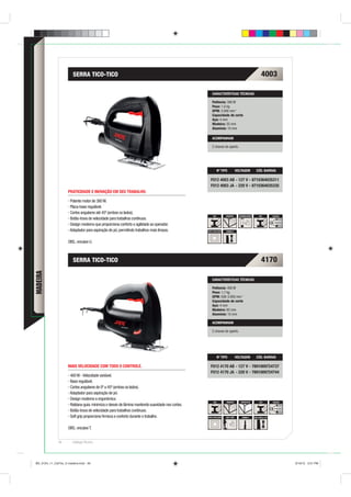 SERRA TICO-TICO                                                                                                                  4003

                                                                                                    CARACTERÍSTICAS TÉCNICAS

                                                                                                    Potência: 380 W
                                                                                                    Peso: 1,6 kg
                                                                                                    GPM: 3.000 min-1
                                                                                                    Capacidade de corte
                                                                                                    Aço: 4 mm
                                                                                                    Madeira: 55 mm
                                                                                                    Alumínio: 10 mm

                                                                                                    ACOMPANHAM

                                                                                                    2 chaves de aperto.




                                                                                                           Nº TIPO           VOLTAGEM             CÓD. BARRAS

                                                                                                  F012 4003 AB - 127 V - 8710364035311
                                                                                                  F012 4003 JA - 220 V - 8710364035335
                    PRATICIDADE E INOVAÇÃO EM SEU TRABALHO.

                     Potente motor de 380 W.
                     Placa-base regulável.
                     Cortes angulares até 45º (ambos os lados).
                                                                                                     AÇO         MADEIRA       ANTIDESLIZANTE        AÇO           SUCÇÃO
                     Botão-trava de velocidade para trabalhos contínuos.
                     Design moderno que proporciona conforto e agilidade ao operador.
                     Adaptador para aspiração de pó, permitindo trabalhos mais limpos.          DUPLA ISOLAÇÃO   LÂMINA U




                    OBS.: encaixe U.



                       SERRA TICO-TICO                                                                                                                  4170
MADEIRA




                                                                                                    CARACTERÍSTICAS TÉCNICAS

                                                                                                    Potência: 400 W
                                                                                                    Peso: 1,7 kg
                                                                                                    GPM: 500-3.000 min-1
                                                                                                    Capacidade de corte
                                                                                                    Aço: 4 mm
                                                                                                    Madeira: 65 mm
                                                                                                    Alumínio: 10 mm

                                                                                                    ACOMPANHAM

                                                                                                    2 chaves de aperto.




                                                                                                           Nº TIPO           VOLTAGEM             CÓD. BARRAS

                    MAIS VELOCIDADE COM TODO O CONTROLE.                                          F012 4170 AB - 127 V - 7891009724737
                                                                                                  F012 4170 JA - 220 V - 7891009724744
                     400 W - Velocidade variável.
                     Base regulável.
                     Cortes angulares de 0º a 45º (ambos os lados).
                     Adaptador para aspiração de pó.
                     Design moderno e ergonômico.
                                                                                                     AÇO         MADEIRA         SINTÉTICOS           AÇO          SUCÇÃO
                     Roldana-guia: minimiza o desvio de lâmina mantendo suavidade nos cortes.
                     Botão-trava de velocidade para trabalhos contínuos.
                     Soft grip proporciona ﬁrmeza e conforto durante o trabalho.                DUPLA ISOLAÇÃO   SOFT GRIP        LÂMINA T      400-3.500 p/ min




                    OBS.: encaixe T.


              46       Catálogo Técnico




BD_0124_11_CatTec_5 madeira.indd 46                                                                                                                                         9/19/12 3:21 PM
 