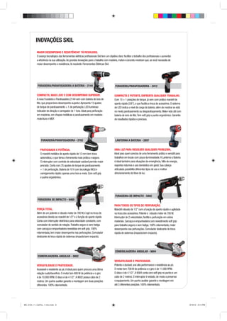INOVAÇÕES SKIL
            MAIOR DESEMPENHO E RESISTÊNCIA? TÁ RESOLVIDO.
            O avanço tecnológico das ferramentas elétricas proﬁssionais Skil tem um objetivo claro: facilitar o trabalho dos proﬁssionais e aumentar
            a eﬁciência na sua utilização. As grandes inovações para o trabalho com madeira, metal e concreto mostram que, se você necessita de
            maior desempenho e resistência, tá resolvido: Ferramentas Elétricas Skil.




             FURADEIRA/PARAFUSADEIRA A BATERIA - 2144                                      FURADEIRA/PARAFUSADEIRA - 2412


            COMPACTA, MAIS LEVE E COM DESEMPENHO SUPERIOR.                                COMPACTA E POTENTE, ENFRENTA QUALQUER TRABALHO.
            A nova Furadeira e Parafusadeira 2144 vem com bateria de íons de              Com 15 + 1 posições de torque, já vem com prático mandril de
            lítio, que proporciona desempenho superior. Apresenta 15 ajustes              aperto rápido (3/8”), o que facilita a troca de acessórios. O sistema
            de torque de parafusamento + 1 de perfuração, LED luminoso                    de LED indica o nível de carga da bateria, além de mostrar se está
            indicador de direção e carregador de 1 hora. Ideal para perfuração            no modo parafusamento ou desparafusamento. Maior vida útil com
            em madeiras, em chapas metálicas e parafusamento em madeira                   bateria de íons de lítio. Tem soft grip e punho ergonômico. Garantia
            mole/dura e MDF.                                                              de resultados rápidos e precisos.




                FURADEIRA/PARAFUSADEIRA - 2702                                             LANTERNA A BATERIA - 2897


                PRATICIDADE E POTÊNCIA.                                                   UMA LUZ PARA RESOLVER QUALQUER PROBLEMA.         OBLEMA
                O mandril metálico de aperto rápido de 13 mm tem trava                    Ideal para quem precisa de uma ferramenta prática e versátil para
                automática, o que torna a ferramenta mais prática e segura.               trabalhos em locais com pouca luminosidade. A Lanterna a Bateria
                O interruptor com controle de velocidade variável permite maior           é ideal também para situações de emergência, falta de energia,
                precisão. Conta com 25 ajustes de torque de parafusamento                 esportes noturnos e uso doméstico em geral. Sua cabeça
                + 1 de perfuração. Bateria de 18 V com tecnologia NiCd e                  articulada possibilita diferentes tipos de uso e melhor
                carregamento rápido: apenas uma hora e meia. Com soft grip                direcionamento do feixe de luz.
                e punho ergonômico.




                                                                                           FURADEIRA DE IMPACTO - 6402
                                     400
             FURADEIRA DE IMPACTO - 6400

                                                                                          PARA TODOS OS TIPOS DE PERFURAÇÃO.          ÇÃO
            FORÇA TOTAL.                                                                  Mandril robusto de 1/2” com a função de aperto rápido e agilidade
            Além de um potente e robusto motor de 700 W, é ágil na troca de               na troca dos acessórios. Potente e robusto motor de 700 W.
            acessórios devido ao mandril de 1/2” e à função de aperto rápido.             Interruptor de 2 velocidades, facilita a perfuração em vários
            Conta com interruptor eletrônico para velocidade constante, com               materiais. Carcaça e empunhadeira com revestimento soft grip
            comutador do sentido de rotação. Trabalho seguro e sem fadiga                 para trabalho seguro e sem fadiga. 100% rolamentada, maior
            com carcaça e empunhadeira revestidas em soft grip. 100%                      desempenho nas perfurações. Comutador deslizante de troca
            rolamentada, tem maior desempenho nas perfurações. Comutador                  rápida de sistemas (impacto/sem impacto).
            deslizante de troca rápida de sistemas (impacto/sem impacto).




                                                                                           ESMERILHADEIRA ANGULAR - 9004
             ESMERILHADEIRA ANGULAR - 9002
                                                                                          VERSATILIDADE E PRATICIDADE.
            VERSATILIDADE E PRATICIDADE.                                                  Potente e durável, une alta performance e resistência ao pó.
                                                                                                                                       istência
            Acessível e resistente ao pó, é ideal para quem procura uma óti
                                                                        ótima             O motor tem 700 W de potência e o giro é de 11.000 RPM.
            relação custo/benefício. O motor tem 600 W de potência e o giro               O disco é de 4 1/2”. A 9004 conta com soft grip no punho e um
            é de 10.000 RPM. O disco é de 4 1/2”. A 9002 possui cabo de 2                 cabo de 2 metros. O interruptor é vedado, de modo a preservar
            metros. Um punho auxiliar garante a montagem em duas posições                 o equipamento. Um punho auxiliar garante a montagem em
            diferentes. 100% rolamentada.                                                 até 3 diferentes posições. 100% rolamentada.




BD_0124_11_CatTec_1 intro.indd 6                                                                                                                                  9/19/12 3:14 PM
 