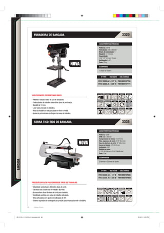 FURADEIRA DE BANCADA
                         RADEIRA                                                                                                                               3320

                                                                                                       CARACTERÍSTICAS TÉCNICAS

                                                                                                       Potência: 320 W
                                                                                                       Velocidade: 570-3.050 min-1
                                                                                                       Níveis de velocidade: 5
                                                                                                       Mandril: ½” (13 mm)
                                                                                                       Capacidade:
                                                                                                       1/16”, 1/2” (1,5 mm, 13 mm)
                                                                                                       Inclinação: 0-45º
                                                                                                       Peso: 25 kg

                                                                                                       ACOMPANHA

                                                                                                       1 chave de mandril.


                                                                                                              Nº TIPO             VOLTAGEM                CÓD. BARRAS

                                                                                                      F012 3320 AC - 127 V - 7891009747750
                                                                                                      F012 3320 JA - 220 V - 7891009747774



                                                                                                     1,5 - 13 mm     REVERSÍVEL          ALVENARIA         MADEIRA        SINTÉTICOS
                    5 VELOCIDADES: DESEMPENHO ÚNICO.

                     Potente e robusto motor de 320 W preparado.
                                                                                                    PARAFUSAMENTO   SPEED CONTROL          LASER             STOP         CONCRETO
                     5 velocidades de trabalho para vários tipos de perfuração.
                     Mandril de 13 mm.
                     Laser para precisão no trabalho.                                                   AÇO            ALUMÍNIO        100% ROLAMENTO   INCLINAÇÃO MESA     RÉGUA

                     Mesa de trabalho e estrutura toda em ferro e metal.
                     Ajuste de profundidade de ângulo da mesa de trabalho.



                       SERRA TICO-TICO DE BANCADA                                                                                                              3335

                                                                                                       CARACTERÍSTICAS TÉCNICAS

                                                                                                       Potência: 120 W
                                                                                                       GPM: 500-1.700 min-1
                                                                                                       Comprimento da lâmina: 5” (127 mm)
                                                                                                       Máx. espessura de corte: 2 1/2” (63,5 mm)
                                                                                                       Cap. de abertura de corte: 16” (406,4 mm)
                                                                                                       Curso da lâmina: 7/8” (22,23 mm)
                                                                                                       Inclinação: 0-45º
                                                                                                       Medida da mesa:
                                                                                                       11 7/8” (301,06 mm) x 13 5/8” (346,08 mm)
                                                                                                       Peso: 12 kg

                                                                                                       ACOMPANHAM
BANCADA




                                                                                                       2 lâminas e 2 chaves de ajuste.




                                                                                                              Nº TIPO             VOLTAGEM                CÓD. BARRAS

                                                                                                      F012 3335 AC - 127 V - 7891009747835
                                                                                                      F012 3335 JA - 220 V - 7891009747859

                    PRECISÃO EM ALTA PARA DIVERSOS TIPOS DE TRABALHO.

                     Velocidade variável para diferentes tipos de corte.
                                                                                                    ÁREA/VOLUME        MADEIRA           SINTÉTICOS     SPEED CONTROL        LUZ
                     Estrutura toda construída em metal e alumínio.
                     Acompanham duas lâminas de corte para madeira.
                     Visibilidade perfeita com a luz de trabalho articulada.                           SUCÇÃO       400-3.500 p/ min   100% ROLAMENTO   INCLINAÇÃO MESA     RÉGUA

                     Mesa articulada com ajuste de inclinação de 45º.
                     Sistema soprador de ar integrado ao produto para limpeza durante o trabalho.


              68       Catálogo Técnico




BD_0124_11_CatTec_6 bancada.indd 68                                                                                                                                                    9/19/12 3:23 PM
 