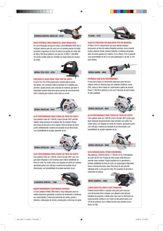 ESMERILHADEIRA ANGULAR - 9345
                                            R                                              PLAINA - 1570


                      MAIS POTÊNCIA, MAIS ROBUSTEZ, MAIS RESULTADO.                        AJUSTES PRECISOS EM QUALQUER TIPO DE MADEIRA.
                      Em uma reforçada carcaça de metal, a Esmerilhadeira 9345 tem o       A Plaina 1570 é o lançamento que seus clientes estavam
                      exclusivo sistema auto clic, que com um simples apertar de botão     procurando na hora de realizar trabalhos precisos, como chanfrar
                      aumenta a segurança na troca de discos. As opções de motor são       cantos, aplainar bordas, rebaixar batentes e molduras de janelas,
                      de 800 e 900 W de potência, com giro de 10.500/11.500 RPM.           além de outros ajustes em madeira. Com a Plaina 1570, é possível
                      Um punho auxiliar pode ser montado em duas partes da carcaça         uma profundidade de até 3 mm para aplainagem e de até 15 mm
                      do motor.                                                            para rebaixo.




                       SERRA TICO-TICO - 4750                                              SERRA SABRE - 4900


                      PRECISÃO A LASER PARA TODO TIPO DE CORTE.                            POTÊNCIA COM ALTA PERFORMANCE.
                      A Serra Tico-Tico 4750 proporciona controle total na ponta           A nova Serra Sabre é a ferramenta ideal para quem procura
                      dos dedos, com exclusivo sistema pendular de 4 estágios que          realizar cortes em diversos tipos de materiais sintéticos, canos
                      permite o ajuste preciso para cada tipo de material, guia laser e    (PVC, cobre ou ferro), lataria de automóveis e galhos de árvores.
                      velocidade variável. Ideal para quem precisa de uma ferramenta       Possui 1.050 W de potência e vem com 3 lâminas de Serra Sabre
                      forte e robusta para realizar cortes retos ou curvos.                de alta qualidade.




                       SERRA CIRCULAR - 5401                                               SERRA CIRCULAR - 5601
                                                                                                             601


                                                                                           ALTA PERFORMANCE PARA TODOS OS TIPOS DE CORTE.
                      ALTA PERFORMANCE PARA TODOS OS TIPOS DE CORTE.
                                                 ARA
                                                                                           Com potente motor de 1.600 W, a Serra Circular 5601 possui guia
                      Com potente motor de 1.400 W, a Serra Circular 5401 permite
                                                                                           laser integrada proporcionando maior precisão nos cortes. Faz
                      realizar cortes precisos em qualquer tipo de madeira. Possui
                                                                                           cortes retos e em ângulos em perﬁs de madeira, apresenta punho
                      pino-trava do eixo para a troca rápida e fácil da lâmina da serra,
                                                                                           com soft grip e sistema de expulsão de pó direcionado, com
                      punho antideslizante e sistema de expulsão de pó direcionado,
                                                                                           possibilidade de acoplar aspirador de pó.
                      com possibilidade de acoplar aspirador de pó.




                                                                                           SERRA CIRCULAR - 5885
                       SERRA CIRCULAR - 5801
                                         801

                                                                                           ALTA DURABILIDADE, ÓTIMA ERGONOMIA.
                      ALTA PERFORMANCE PARA TODOS OS TIPOS DE CORTE.                       Alta potência, 2.000 W (220 V) e 1.700 W (127 V). Profundidade
                      Com potente motor de 1.800 W, a Serra Circular 5801 vem com          de corte: até 85 mm. Função de início suave, evita trancos e
                      guia laser integrada e LED luminoso para melhor visibilidade da      permite maior controle. Função soprador de ar, garantindo a
                      linha de corte. Faz cortes retos e em ângulos em perﬁs de madeira,   perfeita visibilidade da linha de corte. As engrenagens helicoidais
                      apresenta punho com soft grip e sistema de expulsão de pó            fazem a ferramenta durar mais. Pino-trava de eixo permite
                      direcionado, com possibilidade de acoplar aspirador de pó.           utilização junto a uma guia de corte. Tem guardas de alumínio e
                                                                                           rolamento de esferas.



                                                                                           MOTO ESMERIL - 3000
                       LIXADEIRA ORBITAL - 7366

                                                                                           LONGA VIDA ÚTIL PARA O SEU TRABALHO.
                      MAIOR RENDIMENTO COM MENOR ESFORÇO.
                                                                                           O Moto Esmeril 3000 é a solução certa para quem procura
                      A nova Lixadeira Orbital 7366 indica a força adequada para um
                                                                                           uma ferramenta forte e robusta, com altíssima vida útil para
                      melhor lixamento, garantindo o máximo de rendimento e eﬁciência
                                                                                           trabalhos de pequeno e médio porte. São mais de 300 horas de
                      em cada trabalho. É ideal para lixamento de cantos, portas e
                                                                                           funcionamento contínuo e um motor de alta performance com
                      batentes, restauração de móveis, construções e reformas em geral.
                                                                                           370 W de potência. Com o Moto Esmeril, seus clientes nunca
                                                                                           ﬁcam na mão.




BD_0124_11_CatTec_1 intro.indd 7                                                                                                                                 9/19/12 3:14 PM
 