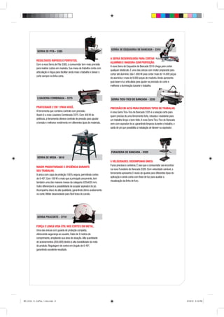 SERRA DE ESQUADRIA DE BANCADA - 3310
             SERRA DE FITA - 3385

                                                                                  A SERRA DESENVOLVIDA PARA CORTAR
            RESULTADOS RÁPIDOS E PERFEITOS.
                                                                                  ALUMÍNIO E MADEIRA COM PERFEIÇÃO.
            Com a nova Serra de Fita 3385, o consumidor tem mais precisão
                                                           r
                                                                                  A nova Serra de Esquadria de Bancada 3310 chega para cortar
            para realizar cortes em madeira. Sua mesa de trabalho conta com
                                                                                  qualquer obstáculo. É uma das únicas com motor preparado para
            articulação e régua para facilitar ainda mais o trabalho e deixar o
                                                                                  cortar até alumínio. São 1.800 W para cortar mais de 14.000 peças
            corte sempre na linha certa.
                                                                                  de alumínio e mais de 6.000 peças de madeira. Ainda apresenta
                                                                                  guia laser e luz articulada para ajudar na precisão do corte e
                                                                                  melhorar a iluminação durante o trabalho.



             LIXADEIRA COMBINADA - 3375                                           SERRA TICO-TICO DE BANCADA - 3335
                                                                                                                335

            PRATICIDADE 2 EM 1 PARA VOCÊ.                                         PRECISÃO EM ALTA PARA DIVERSOS TIPOS DE TRABALHO.
            A ferramenta que combina controle com precisão.                       A nova Serra Tico-Tico de Bancada 3335 é a solução certa para
            Assim é a nova Lixadeira Combinada 3375. Com 400 W de                 quem precisa de uma ferramenta forte, robusta e resistente para
            potência, a ferramenta oferece controle de pressão para ajustar       um trabalho limpo e bem feito. A nova Serra Tico-Tico de Bancada
            a tensão e melhorar rendimento em diferentes tipos de materiais.      vem com soprador de ar, garantindo limpeza durante o trabalho, e
                                                                                  saída de pó que possibilita a instalação de blower ou aspirador.




                                                                                  FURADEIRA DE BANCADA - 3320
             SERRA DE MESA - 3610
                                                                                  5 VELOCIDADES. DESEMPENHO ÚNICO.
                                                                                  Furos precisos e certeiros. É isso que o consumidor vai encontrar
            MAIOR PRODUTIVIDADE E EFICIÊNCIA DURANTE
                                                 ÊNC
                                                                                  na nova Furadeira de Bancada 3320. Com velocidade variável, a
            SEU TRABALHO.
                                                                                  ferramenta apresenta 5 níveis de ajustes para diferentes tipos de
            A única com capa de proteção 100% segura, permitindo cortes
                                                                                  aplicação e ainda conta com feixe de luz para auxiliar a
            de 0-45º. Com 100 W a mais que a principal concorrente, tem
                                                                                  visualização da linha de furo.
            também uma das maiores mesas da categoria: 635x635 mm.
            Outro diferencial é a possibilidade de acoplar aspirador de pó.
            Acompanha disco de alta qualidade, garantindo ótimo acabamento
            no corte. Motor desenvolvido para fácil troca de carvão.




             SERRA POLICORTE - 3710


            FORÇA E LONGA VIDA ÚTIL NOS CORTES EM METAL.
            Uma das únicas com guarda de proteção completa,
                                          e
            oferecendo segurança ao usuário. Cabo de 3 metros de
                                            o.
            comprimento, ampliando sua área de atuação. Alta quantidade
            de acionamentos (200.000) devido à alta durabilidade da mola
            do produto. Regulagem de cortes em ângulo de 0-45º,
            garantindo excelente resultado.




BD_0124_11_CatTec_1 intro.indd 8                                                                                                                      9/19/12 3:15 PM
 