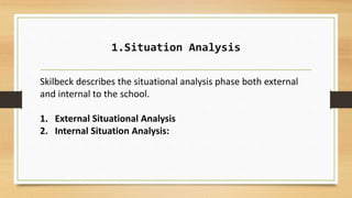 1.Situation Analysis
Skilbeck describes the situational analysis phase both external
and internal to the school.
1. Extern...