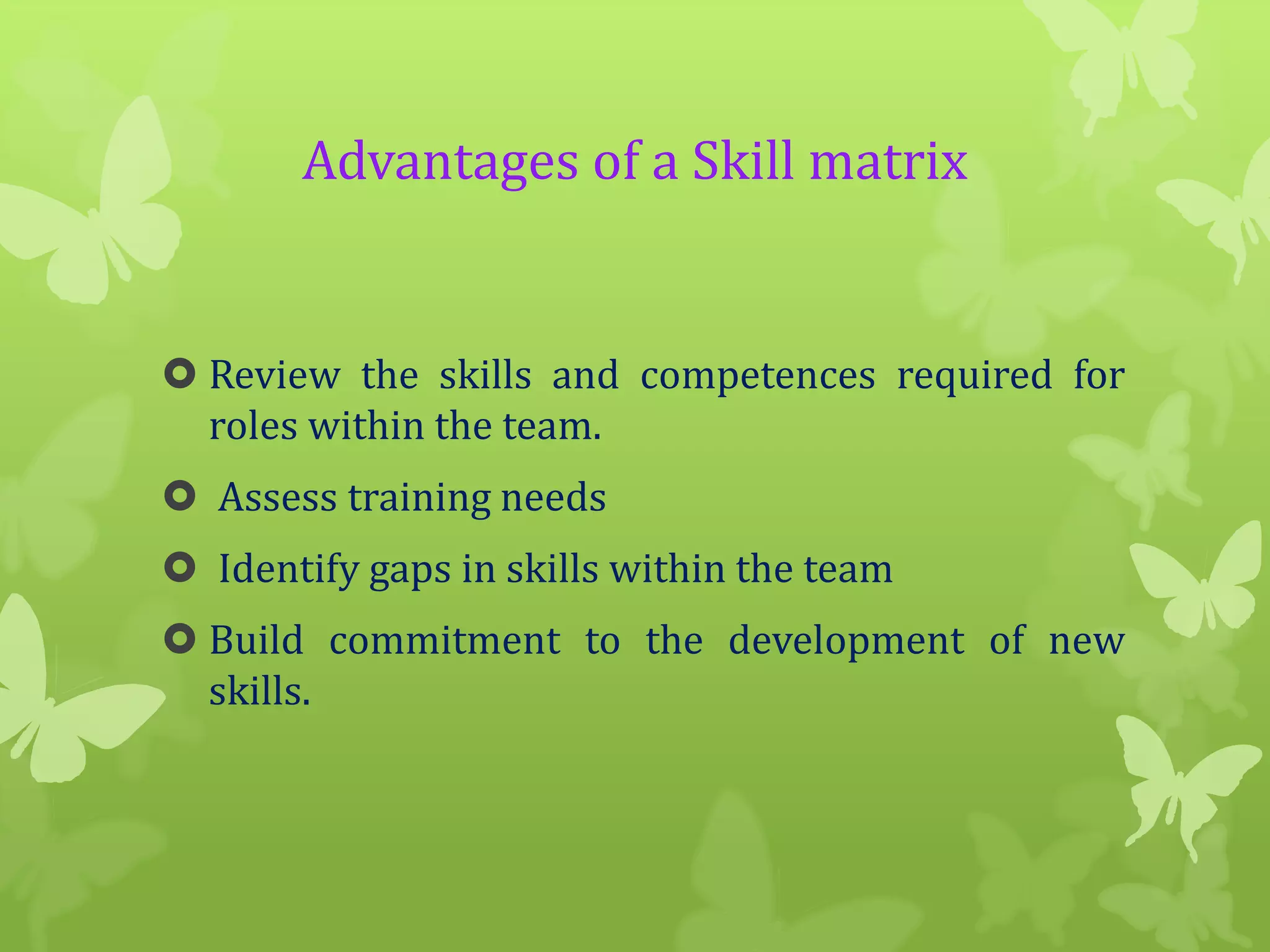 Advantages of a Skill matrix

 Review the skills and competences required for
roles within the team.

 Assess training needs
 Identify gaps in skills within the team
 Build commitment to the development of new
skills.

 