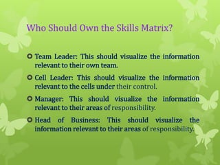 Who Should Own the Skills Matrix?
 Team Leader: This should visualize the information
relevant to their own team.
 Cell Leader: This should visualize the information
relevant to the cells under their control.

 Manager: This should visualize the information
relevant to their areas of responsibility.
 Head of Business: This should visualize the
information relevant to their areas of responsibility.

 