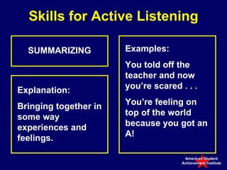 SUMMARIZING Explanation:  Bringing together in some way experiences and feelings. Skills for Active Listening Examples:  Y...