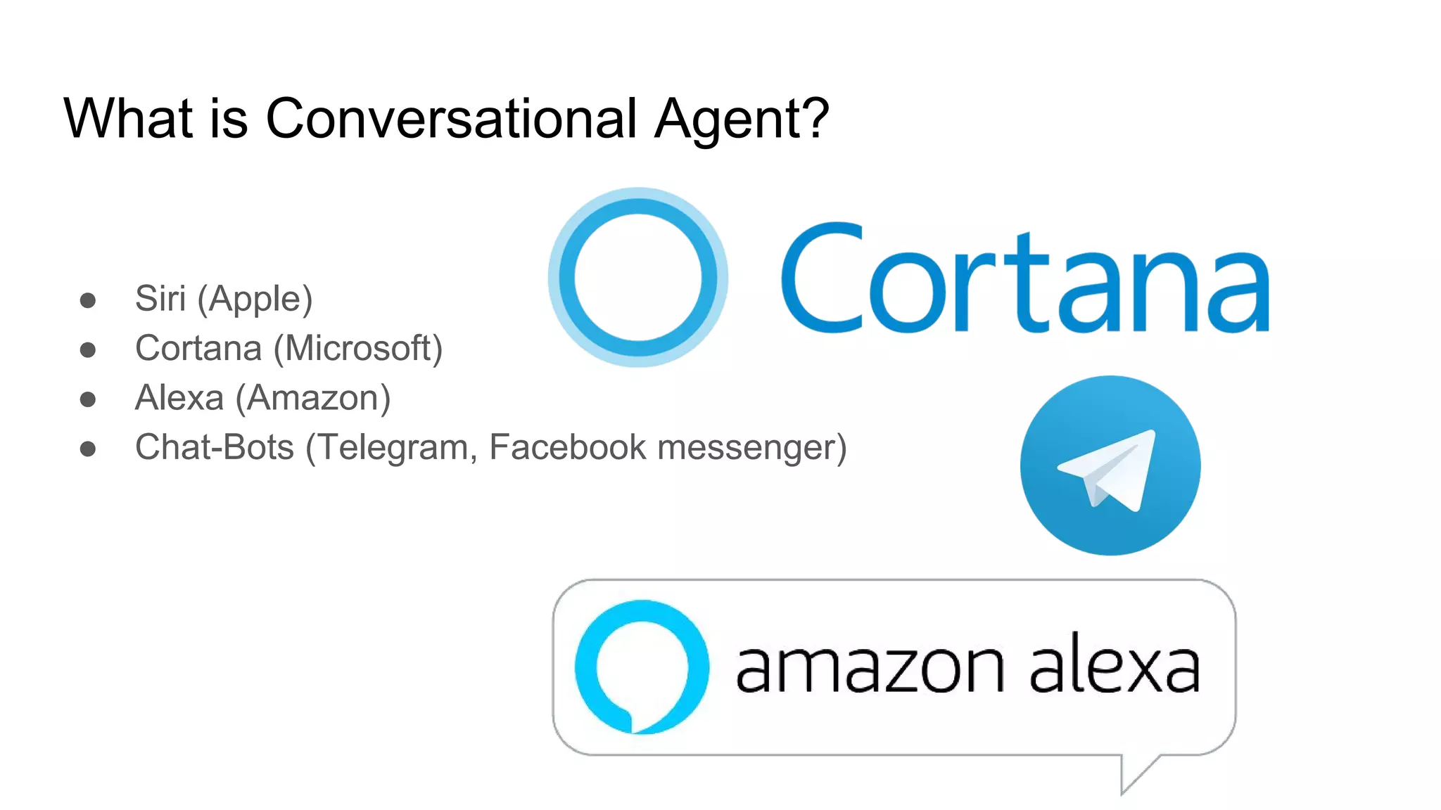 What is Conversational Agent?
● Siri (Apple)
● Cortana (Microsoft)
● Alexa (Amazon)
● Chat-Bots (Telegram, Facebook messenger)
 