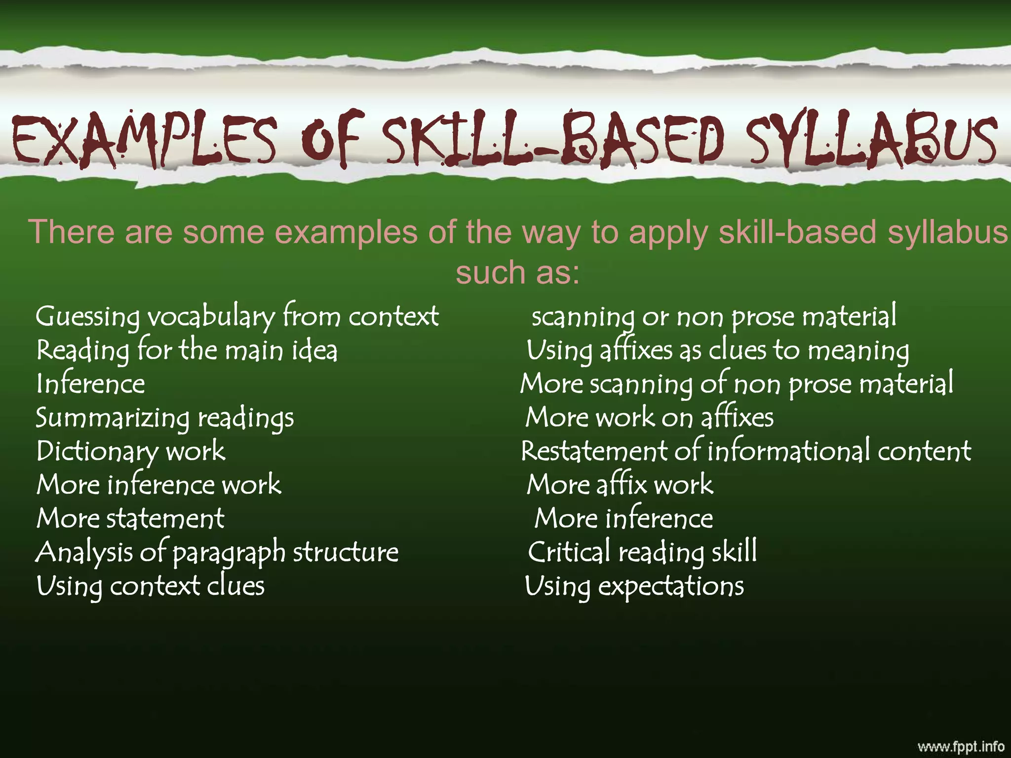EXAMPLES OF SKILL-BASED SYLLABUS
There are some examples of the way to apply skill-based syllabus
such as:
Guessing vocabulary from context scanning or non prose material
Reading for the main idea Using affixes as clues to meaning
Inference More scanning of non prose material
Summarizing readings More work on affixes
Dictionary work Restatement of informational content
More inference work More affix work
More statement More inference
Analysis of paragraph structure Critical reading skill
Using context clues Using expectations
 