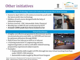 15
Other initiatives
Source: Directorate of Employment & Training, Government of Gujarat
BISAG – Bhaskaracharya Institute of Space and Geo-informatics
SuperiorTechnology Centres (forIndustryResponsiveShort Term Courses)
• Started in April 2012 in 20 centres to trainthe youth with
the latest world class technology
• Syllabus of each course designedwith the help of
industrial experts
• Sectors covered– CNC, Automobile,Solar, Chemical
• Monthly fees of INR 50 and certificationbyGCVT
• Around 12000 youth have been trained so far
Virtual Class Rooms
• A highly cost effective programme to disseminate quality
vocationaleducationand skills via SATCOM and Internet
by optimum utilization through BISAG
• Daily 8 hour live telecast as well as re-telecast
• e-learning materialof 15 engineering and non-
engineering trades as well as soft skills related training
prepared by experienced subject experts
• Examples:
• Employabilityskills taught in 8 ITIs through two way virtual teaching from Pune
under CISCO’s CSR initiative
• Automobile trades taught by Maruti from Gurgaon
 