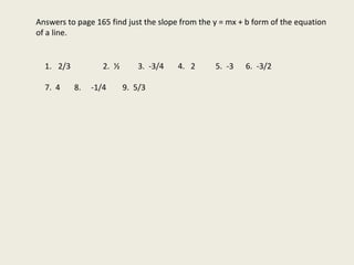 Answers to page 165 find just the slope from the y = mx + b form of the equation
of a line.
1. 2/3 2. ½ 3. -3/4 4. 2 5. -3 6. -3/2
7. 4 8. -1/4 9. 5/3
 