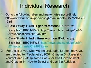 Individual Research
1. Go to the following sites and make notes accordingly
   http://www.hull.ac.uk/php/cesagh/documents/GAPANALYS
   IS.rtf
   – Case Study 1: Skills gap 'threatens UK future'
     Story from BBC NEWS: http://news.bbc.co.uk/go/pr/fr/-
     /1/hi/education/4501346.stm
   – Case Study 2: India firms warn on IT skills gap
     Story from BBC NEWS: http://news.bbc.co.uk/go/pr/fr/-
     /2/hi/south_asia/6124872.stm
2. For those of you who wish to undertake further study, you
   are directed to (Pedlar et al, 2007) Chapter 5 - Assessing
   Yourself and Setting some Goals for Self-Development,
   and Chapter 6 - How to Select and use the Activities.      18
 