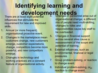 Identifying learning and
                 development needs arise out of
   There are at least eight potential 4. Changes in personnel
   influences that stimulate the            organisational change; a different
   requirement for new and improved         mix of people need multi-skilling,
   skills.                                  changes to roles and
                                            responsibilities cause key staff to
1. Annual (or more frequent)
                                            be overloaded.
    organisational proactive event.
                                        5. Changes in financial support
2. Changes in the marketplace mean
                                            across several sites cause a
    customers change, new customers
                                            reassessment of the scope and
    emerge, customer expectations
                                            potential of training.
    change, competitors become more
    powerful, and new competitors       6. External influences, such as
    emerge.                                environmental, financial or legal
                                           pressures.
3. Changes in technology and
    working practices are a constant    7. Group problem-solving, or reaction
    feature of organisational activity.    to change event.
                                        8. Individual problem-solving, or20
                                           reaction to change event.
 