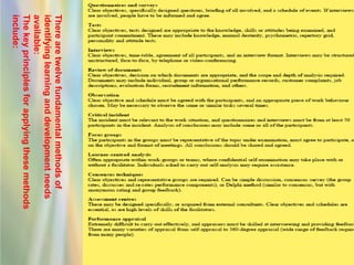 21
There are twelve fundamental methods of
identifying learning and development needs
available:
The key principles for applying these methods
include:
 