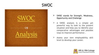  SWOC stands for Strength, Weakness,
Opportunity and Challenge
 A SWOC analysis is a simple yet
powerful way to look to the present
situation and help you to identify your
comparative advantages and possible
ways to improve performance .
 Assess your own employability skill
level to develop your career.
SWOC
 