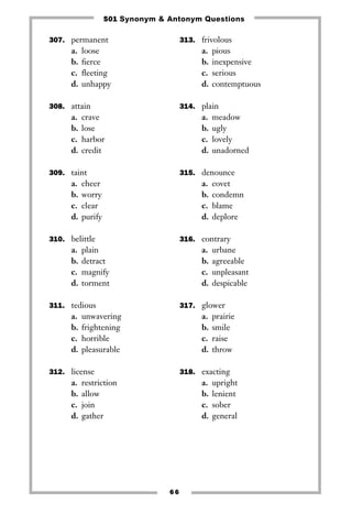 501 Synonyms And Antonyms Questions 501 Synonyms And Antonyms Questions