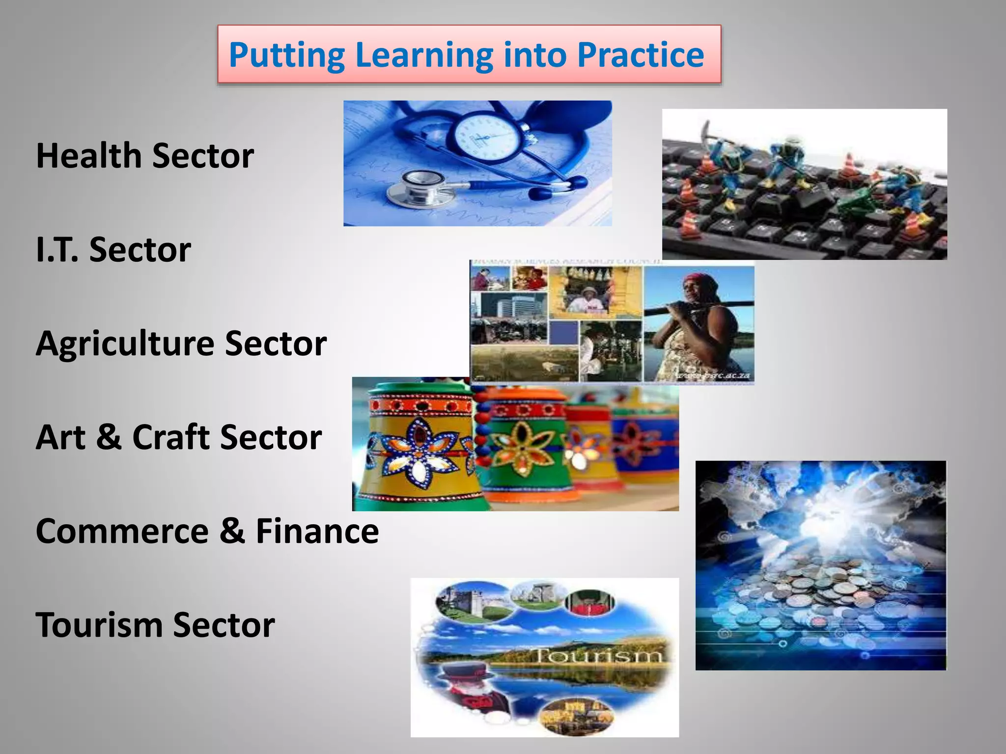 Putting Learning into Practice
Health Sector
I.T. Sector
Agriculture Sector
Art & Craft Sector
Commerce & Finance
Tourism Sector
 