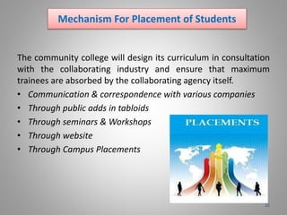 Mechanism For Placement of Students
The community college will design its curriculum in consultation
with the collaborating industry and ensure that maximum
trainees are absorbed by the collaborating agency itself.
• Communication & correspondence with various companies
• Through public adds in tabloids
• Through seminars & Workshops
• Through website
• Through Campus Placements
15
 