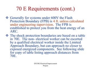 EFCOG Electrical Improvement
Project
70 E Requirements (cont.)
 Generally for systems under 600V the Flash
Protection Boundary (FPB) is 4 ft. unless calculated
under engineering supervision. The FPB is
established to protect you from the heat energy of an
ARC.
 The shock protection boundaries are based on a table
in 70E. The non- electrical worker can be escorted
by a qualified electrical worker inside the Limited
Approach Boundary, but can approach no closer to
exposed energized components. See following slide
for copy of table listing approach distances from
70E.
 