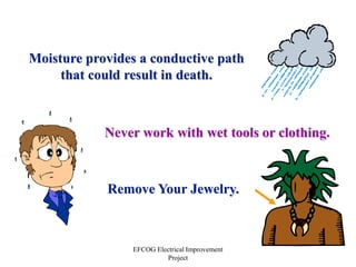 EFCOG Electrical Improvement
Project
Moisture provides a conductive path
that could result in death.
Never work with wet tools or clothing.
Remove Your Jewelry.
 
