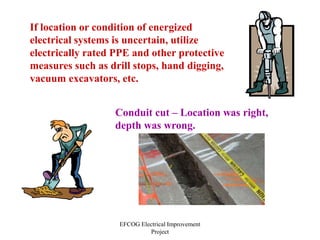 EFCOG Electrical Improvement
Project
If location or condition of energized
electrical systems is uncertain, utilize
electrically rated PPE and other protective
measures such as drill stops, hand digging,
vacuum excavators, etc.
Conduit cut – Location was right,
depth was wrong.
 