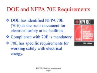 EFCOG Electrical Improvement
Project
DOE and NFPA 70E Requirements
 DOE has identified NFPA 70E
(70E) as the basis document for
electrical safety at its facilities.
 Compliance with 70E is mandatory.
 70E has specific requirements for
working safely with electrical
energy.
 